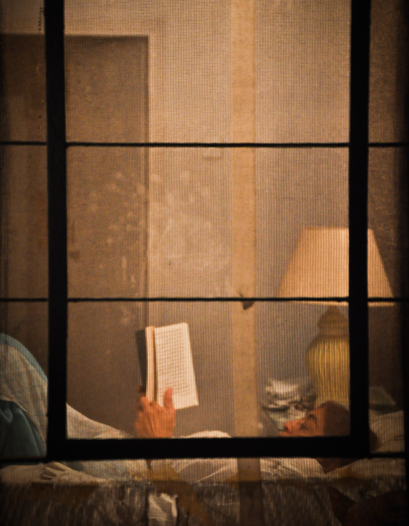 woman seen through window reading before bed