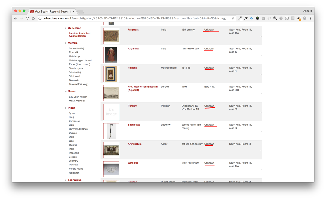 screenshot from the V&A's online South Asia collection